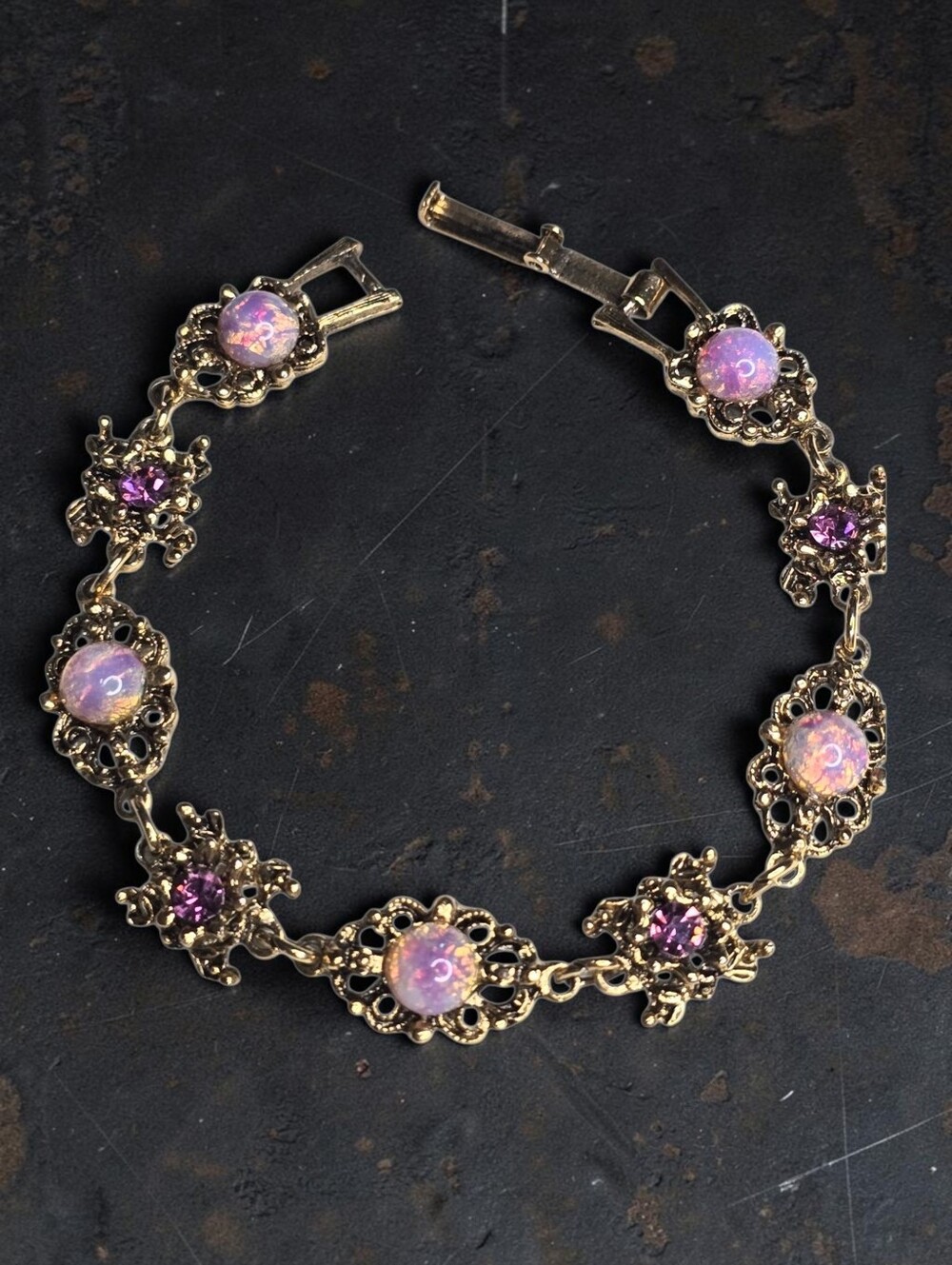 Vintage Victorian Revival Link Bracelet With Opal And Purple Rhinestones